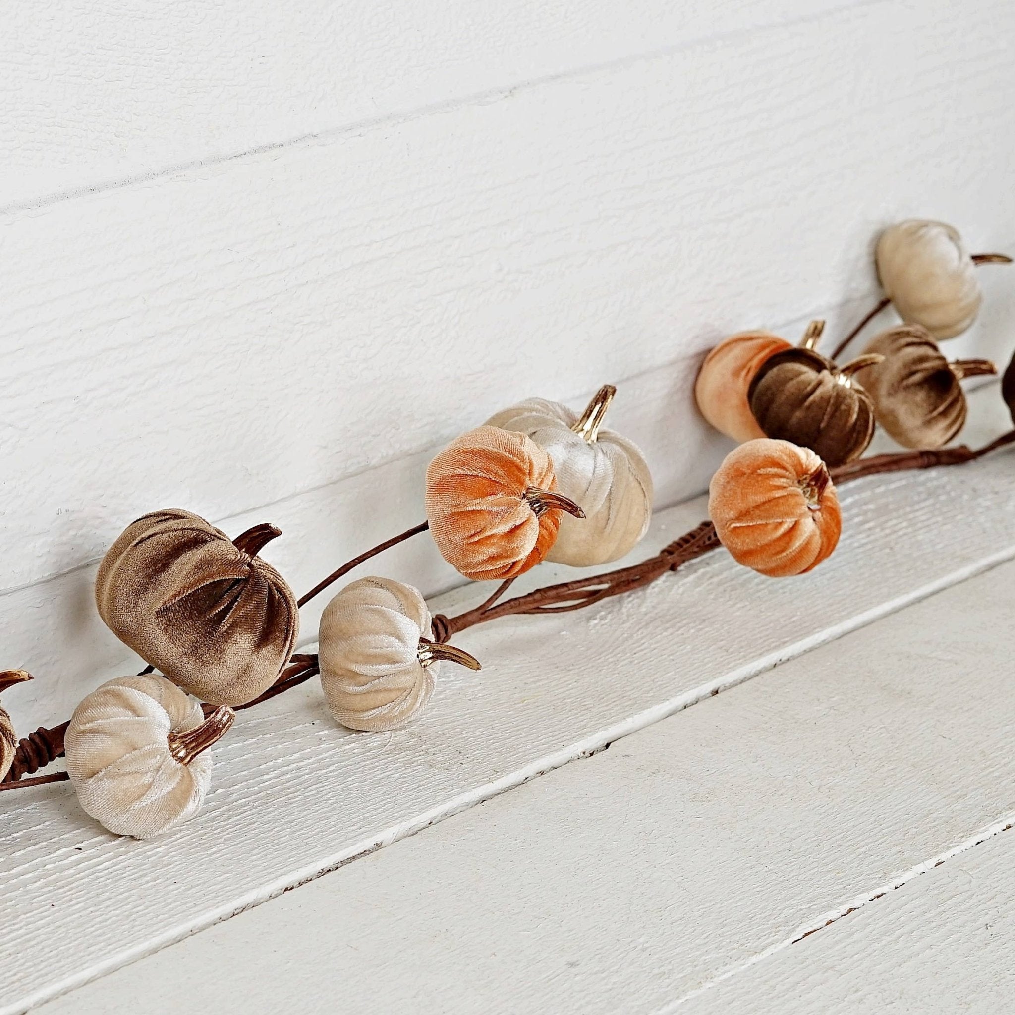 31320 - 4ft Garland - Velvet gold stem mini pumpkins - Mix - HER Home Design Boutique